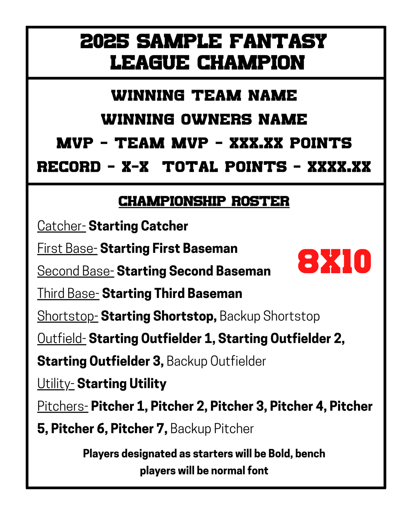 Fantasy Baseball Championship Plaque Hardwood Custom 8x10