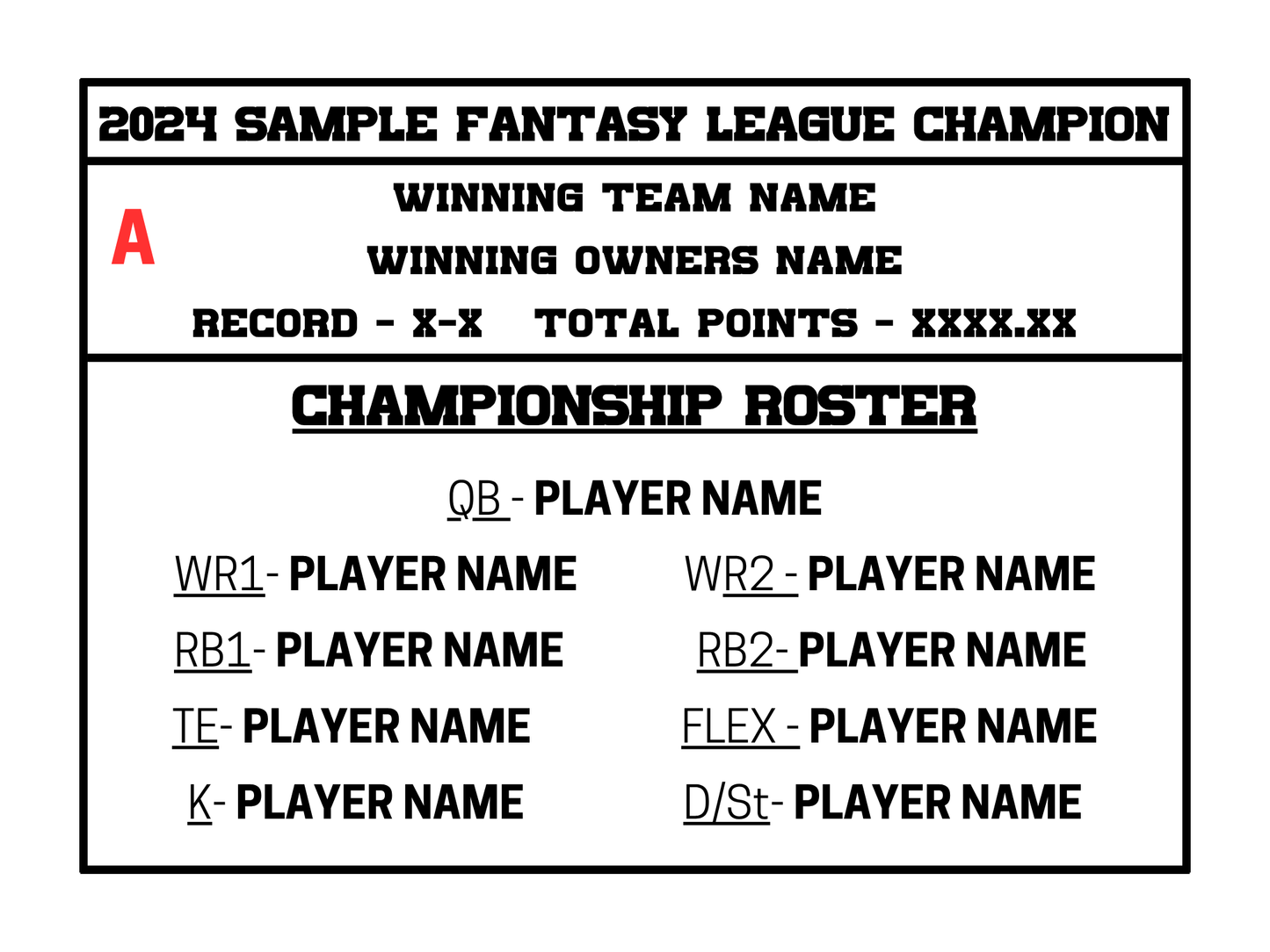 Fantasy Football Championship Plaque Custom 6x8 Hardwood