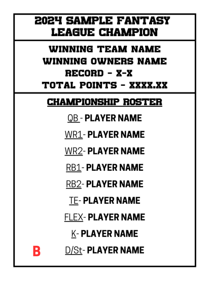 Fantasy Football Championship Plaque Custom 6x8 Hardwood