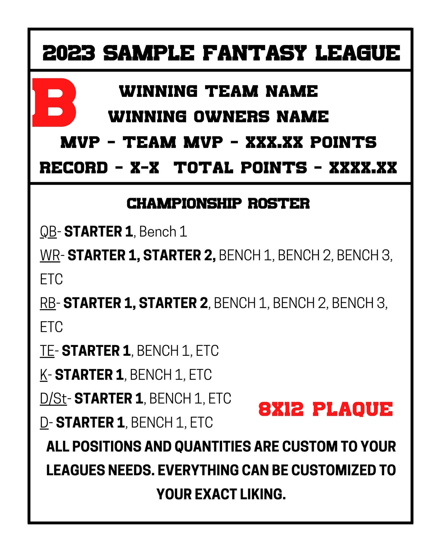 Fantasy Football Championship Plaque Hardwood Custom 8x10 Trophy