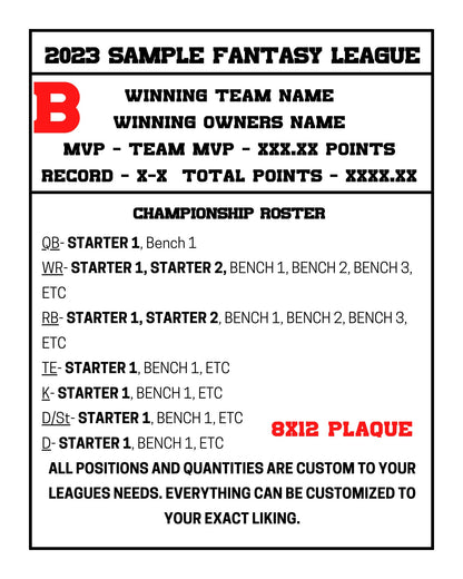Fantasy Football Championship Plaque Hardwood Custom 8x10 Trophy