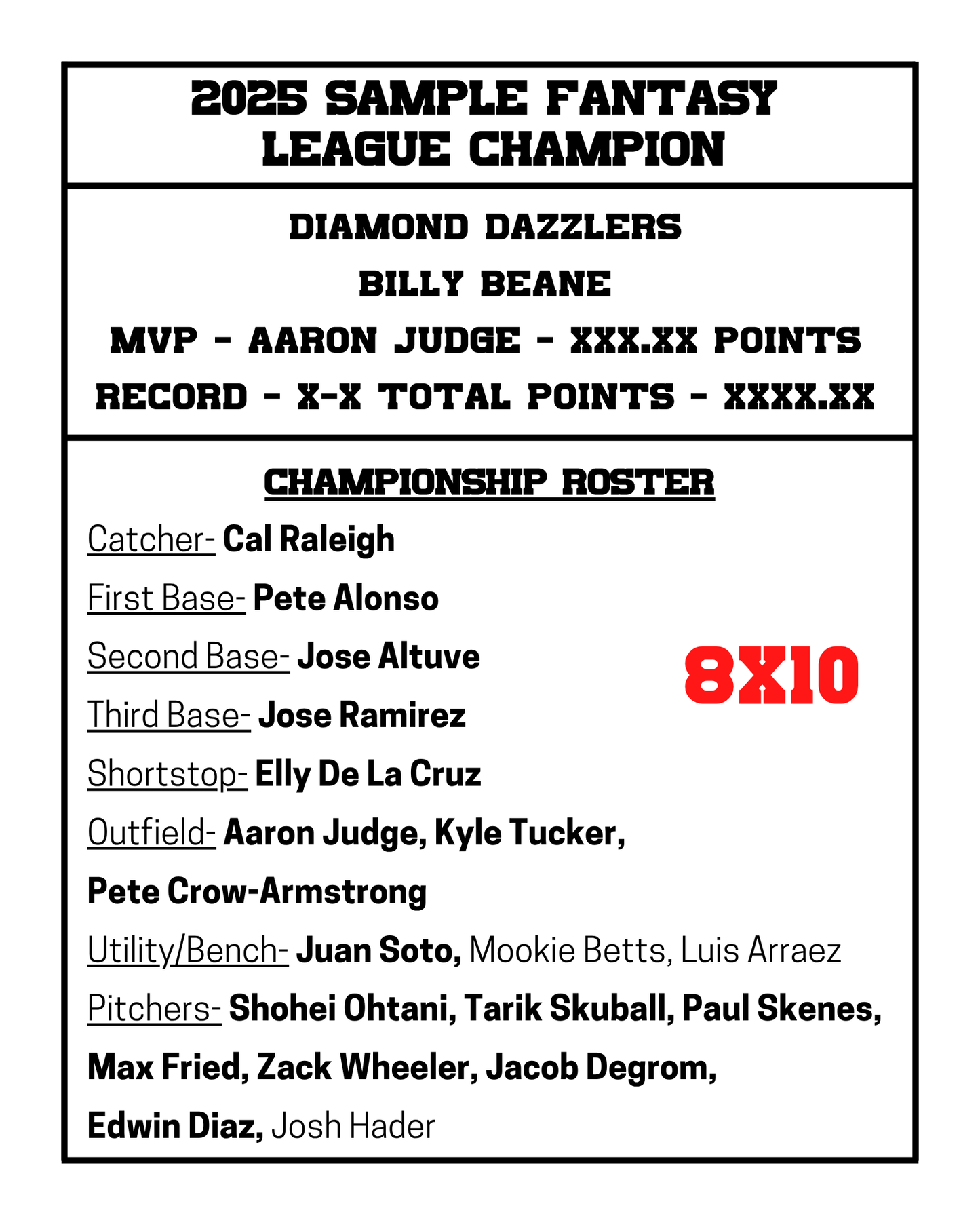 Fantasy Baseball Championship Plaque Hardwood Custom 8x10