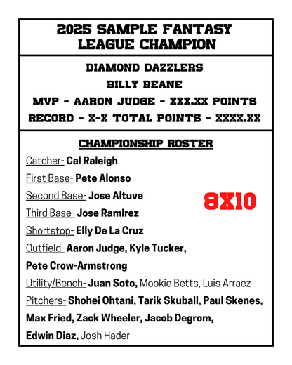 Fantasy Baseball Championship Plaque Hardwood Custom 8x10