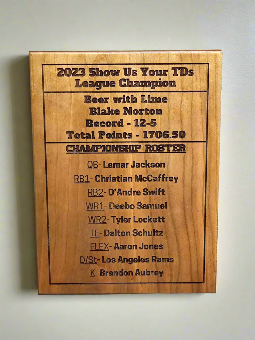 Fantasy Football Championship Plaque Custom 6x8 Hardwood