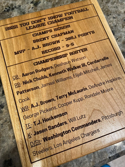 Fantasy Football Championship Plaque Custom 6x8 Hardwood