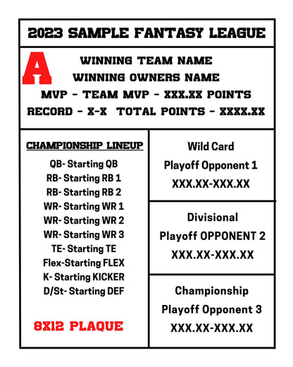 Fantasy Football Championship Plaque Hardwood Custom 8x10 Trophy